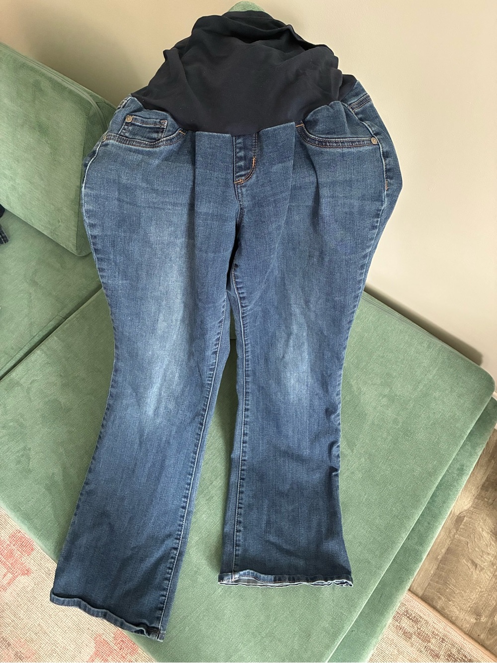 Indigo Blue Dark Blue Maternity Flare Jeans with Full Belly Panel, size large - Picture 3 of 4